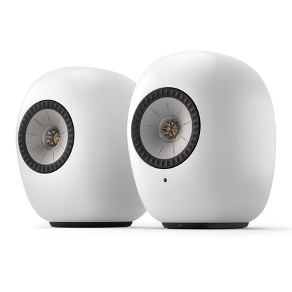 Pair of white KEF LS LUXE Wireless Powered Speakers on white background