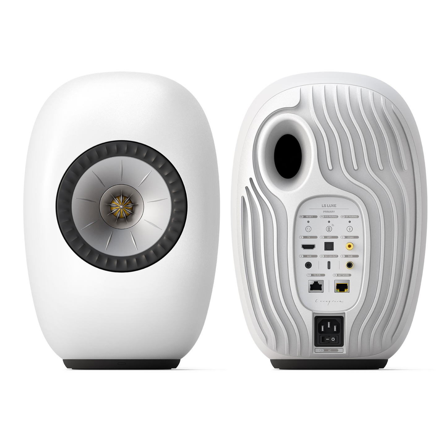 Front and back view of KEF LS LUXE Wireless Powered Speakers in Mineral White finish on white background