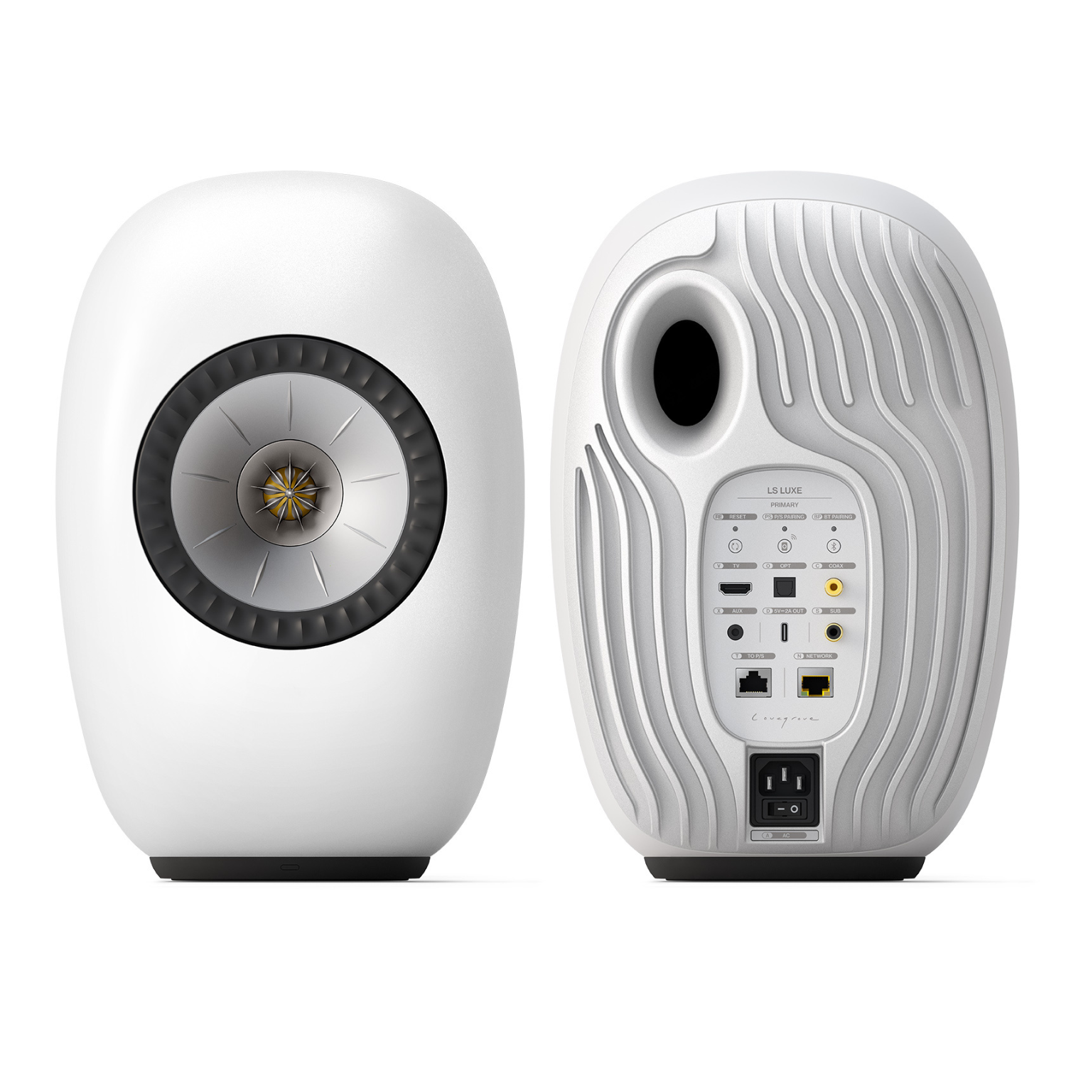 Front and back view of KEF LS LUXE Wireless Powered Speakers in Mineral White finish on white background