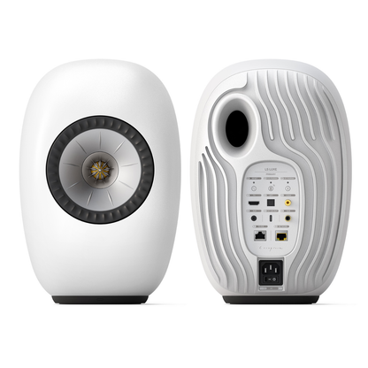 Front and back view of KEF LS LUXE Wireless Powered Speakers in Mineral White finish on white background