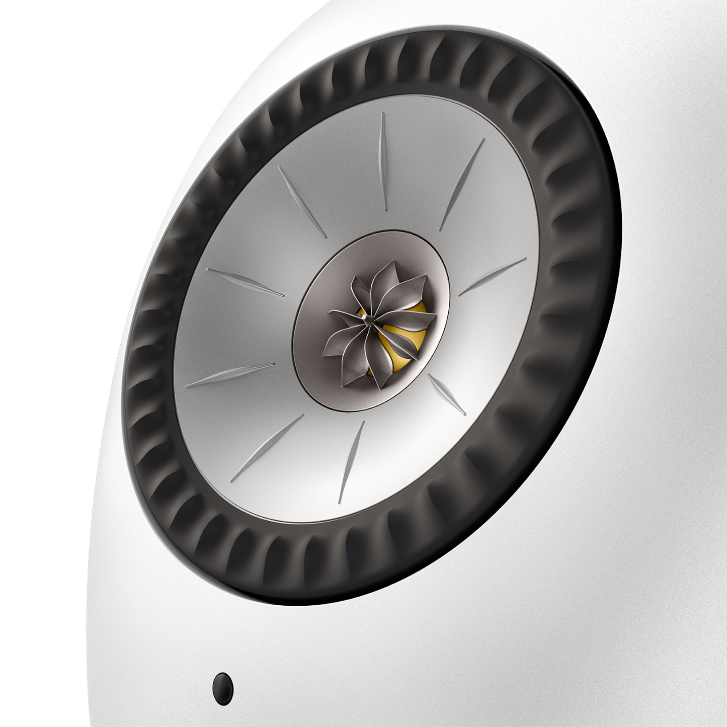 Close up of KEF LS LUXE Wireless Powered Speaker in Mineral White finish on white background