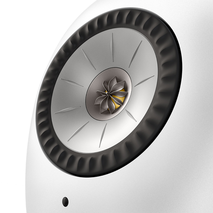 Close up of KEF LS LUXE Wireless Powered Speaker in Mineral White finish on white background