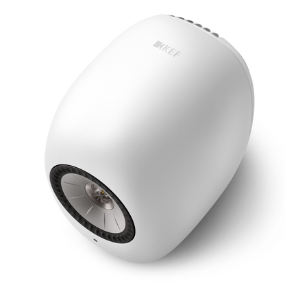 Top view of KEF LS LUXE Wireless Powered Speaker in Mineral White finish on white background