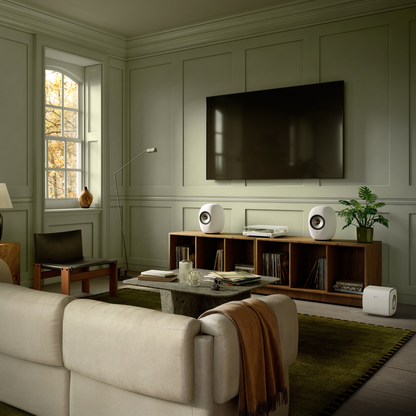 A modern living room with light sage green paneled walls, featuring a large black flat-screen TV mounted on the wall above a wooden media console. The room is styled with a cream-colored sofa in the foreground, white speakers on the console, a green plant, and a green area rug.