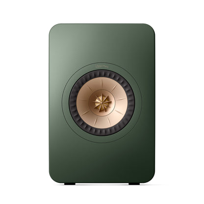 Front of KEF LS50 Meta Bookshelf Speakers in Moss Green finish