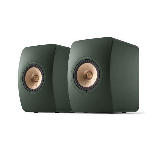 Pair of green speakers on a white background
