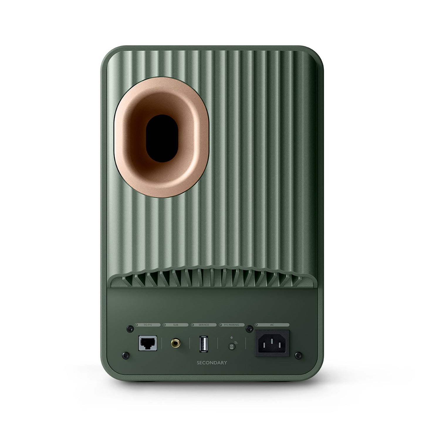 Green KEF LS50 on a white background