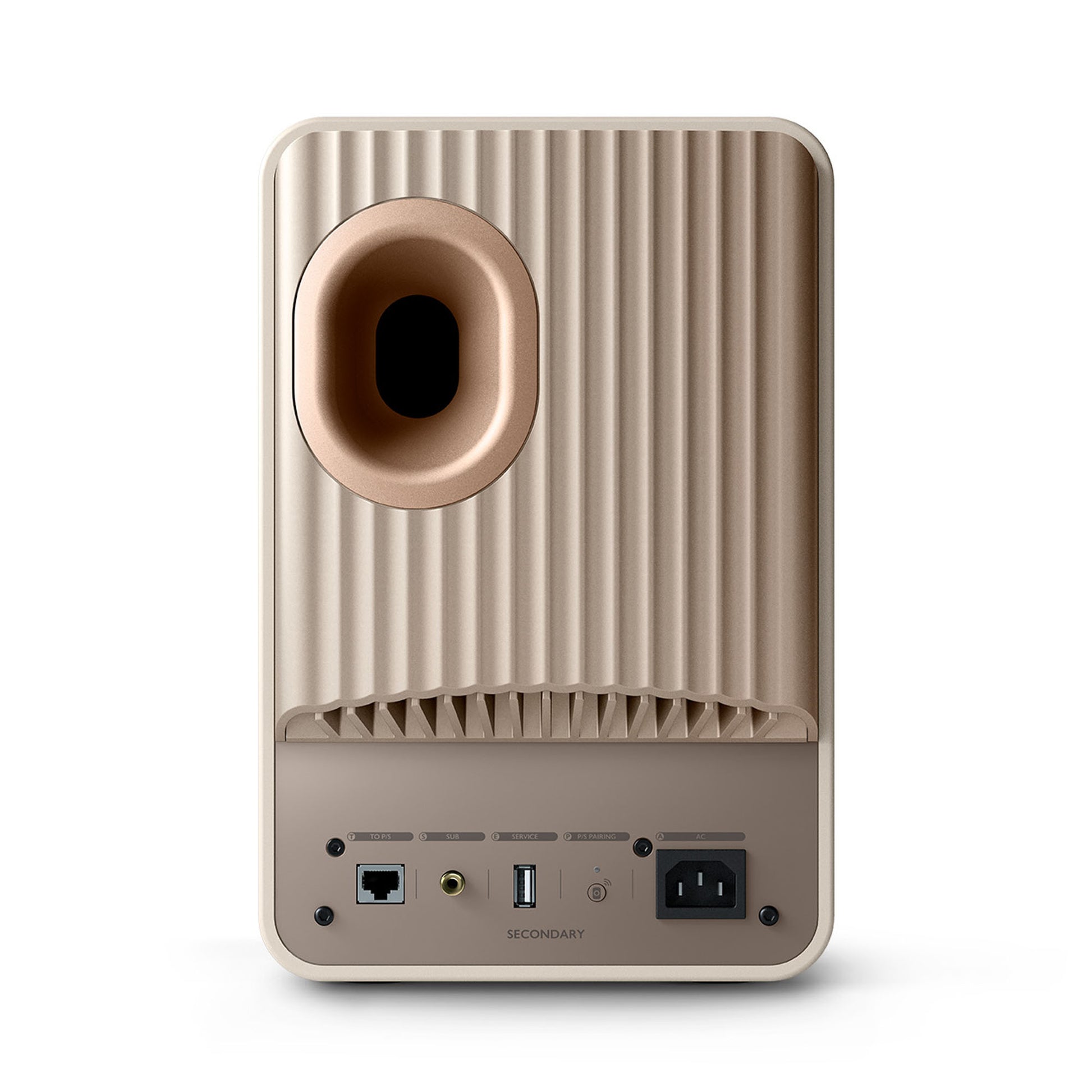 Back of a KEF LS50 Wireless II bookshelf speaker in Sand Shell