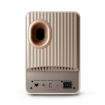 Back of a KEF LS50 Wireless II bookshelf speaker in Sand Shell