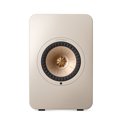Front of KEF LS50 Wireless II bookshelf speaker in Sand Shell