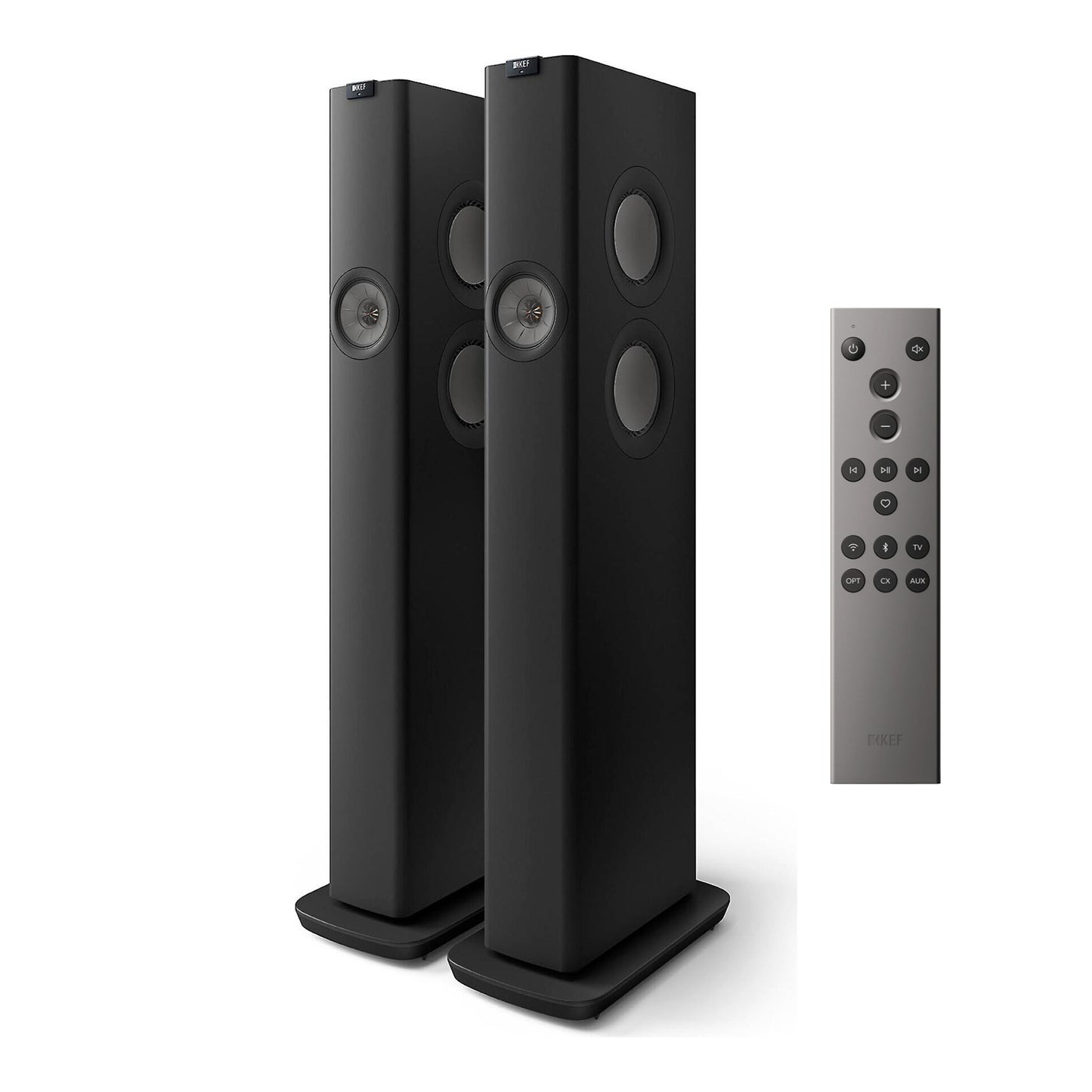 Pair of black floor-standing speakers with a remote control on a white background