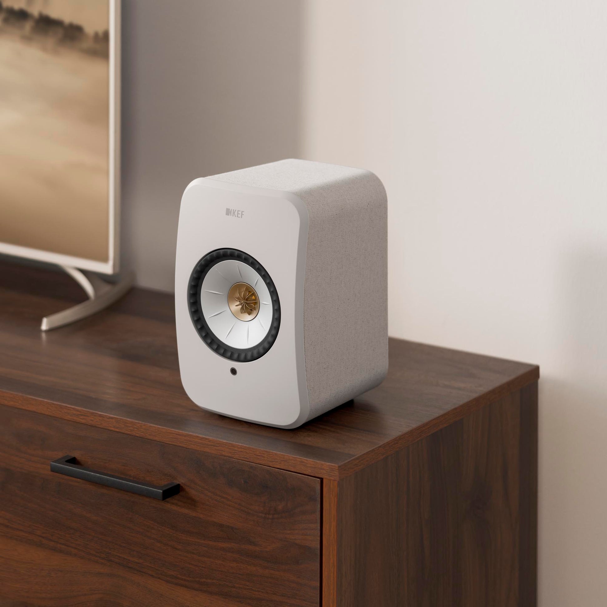 White speaker on a wooden surface with a blurred television in the background