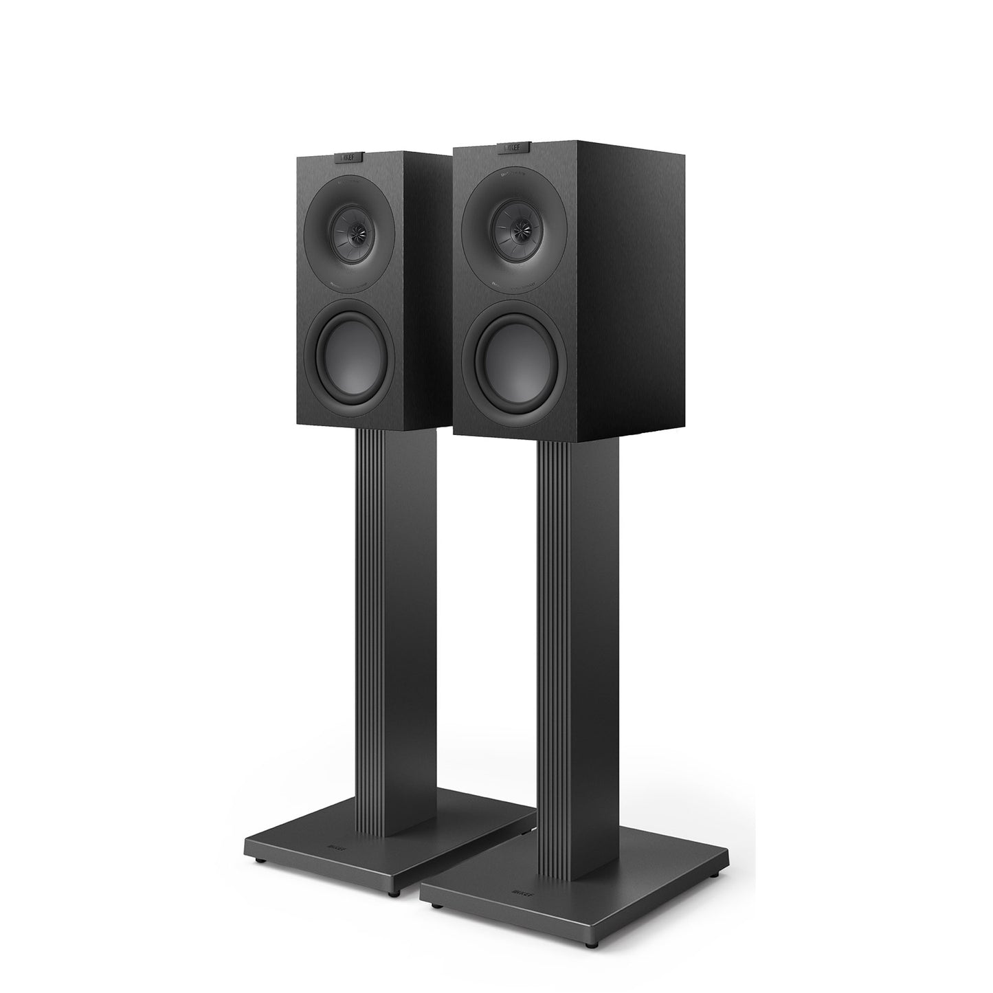 KEF Q Concerto Meta Speakers + SQ1 Stands in black and slate grey
