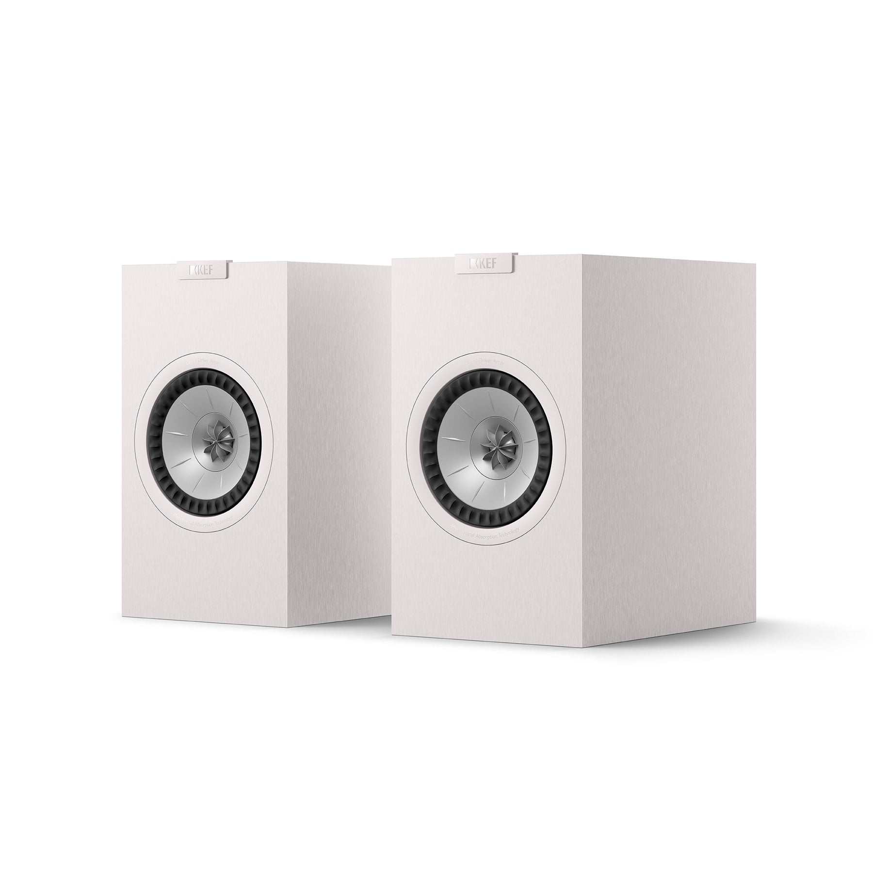 A pair of KEF Q1 Meta speakers in a white color with a matte finish and visible driver units.
