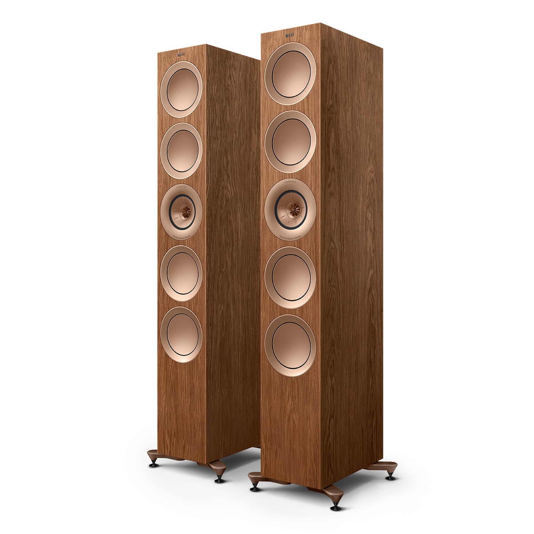 A pair of walnut KEF R11 Meta floorstanding speakers with a Uni-Q driver array and four bass drivers.