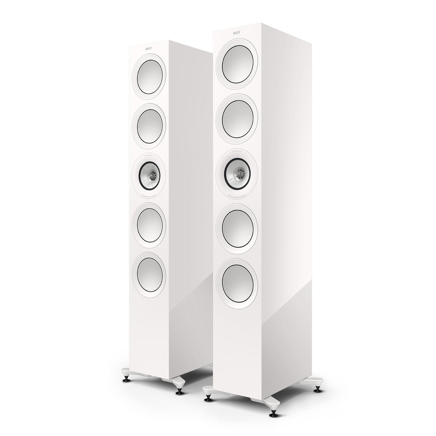 A pair of white KEF R11 Meta floorstanding speakers with a Uni-Q driver array and four bass drivers.