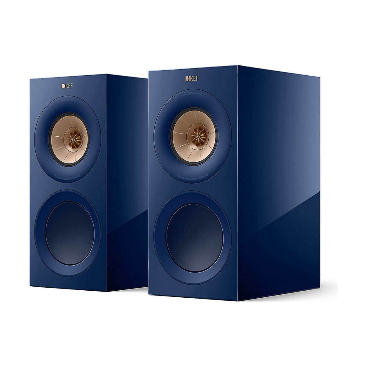 A pair of KEF R3 Meta speakers in blue color with a glossy finish, featuring a vertical orientation and a modern design.