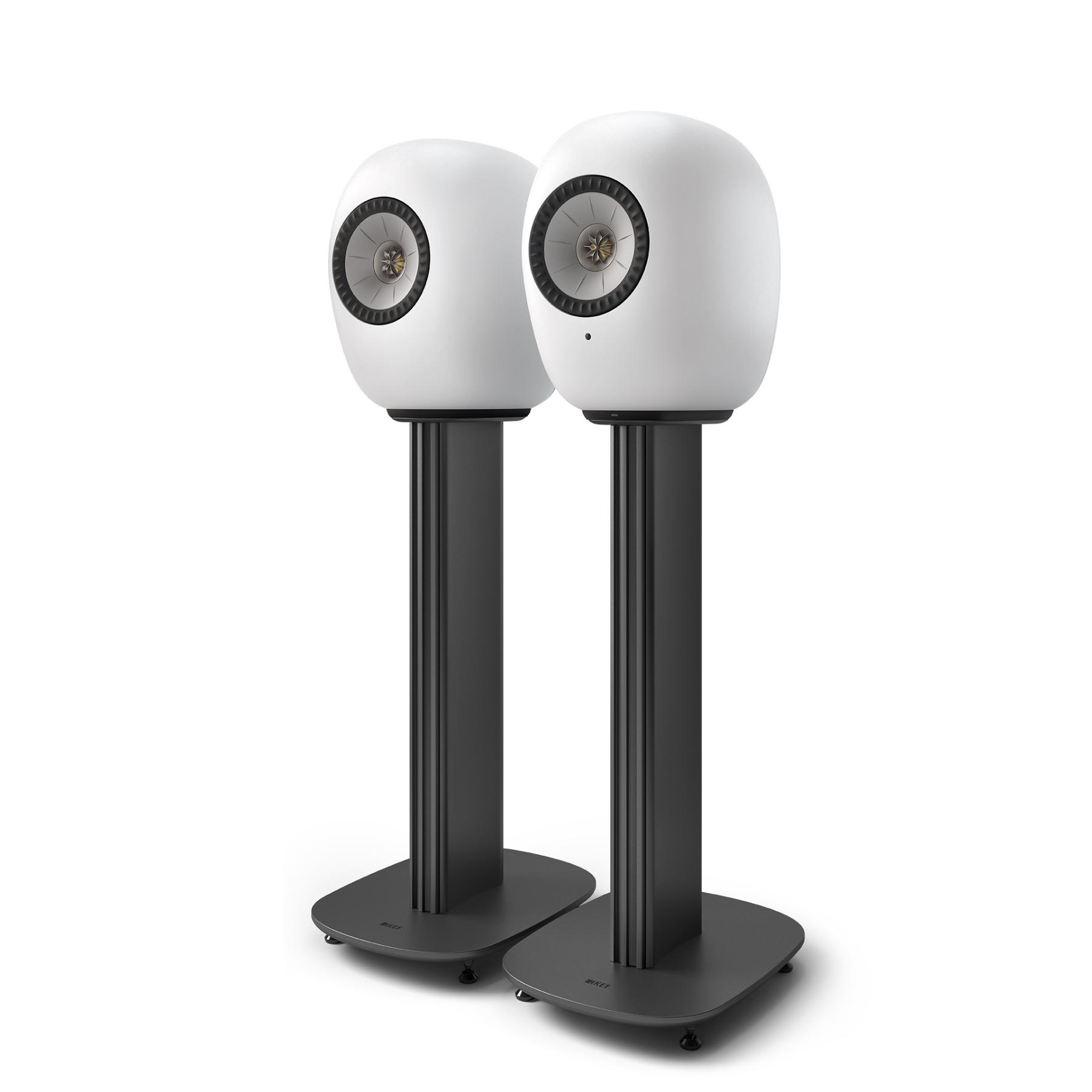 A pair of modern floorstanding speakers with white rounded oval cabinets and grey stands, shown against a plain white background.