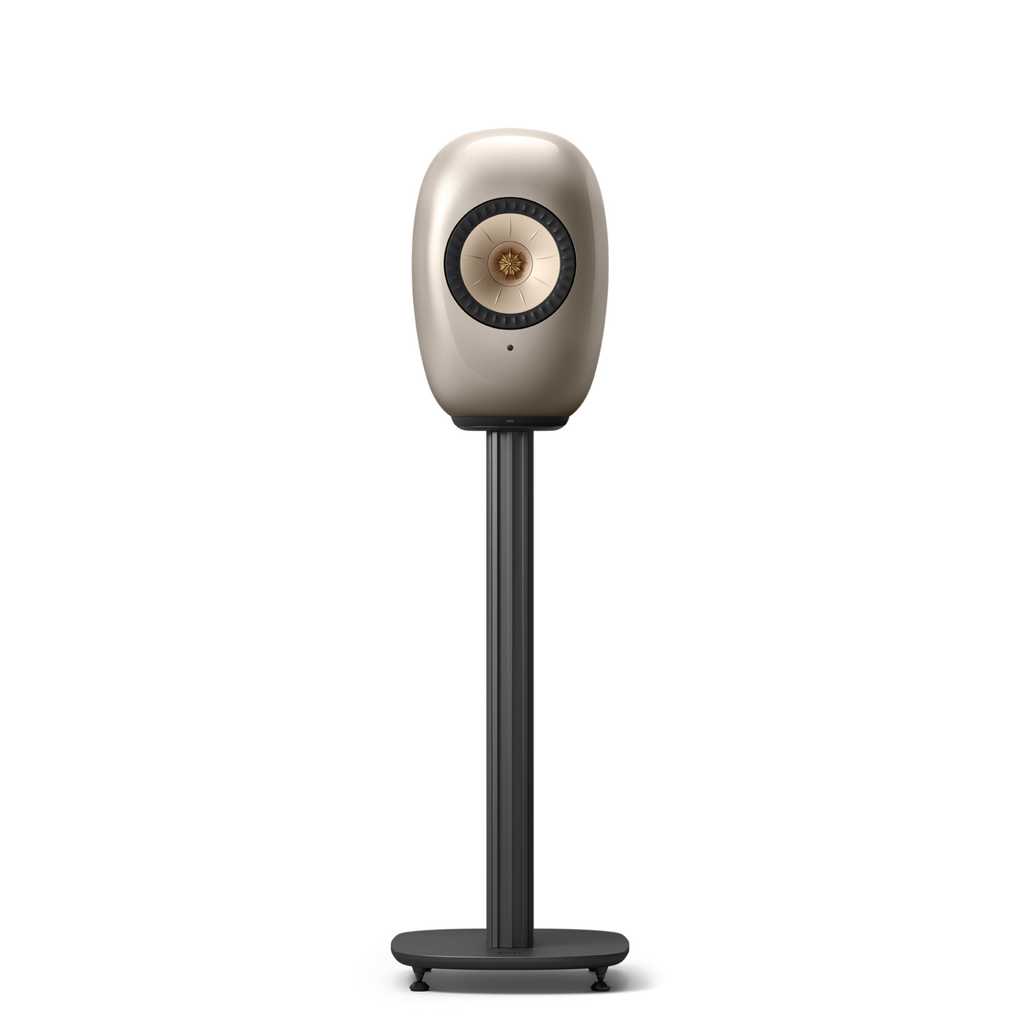 A modern floorstanding monitor speaker with a metallic champagne-gold oval cabinet and a dark gray stand on a white background.