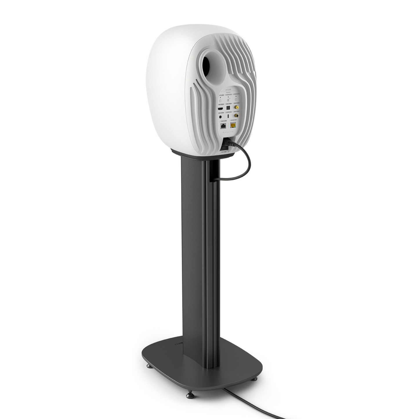 A white speaker on a matching black stand, shown against a plain white background.
