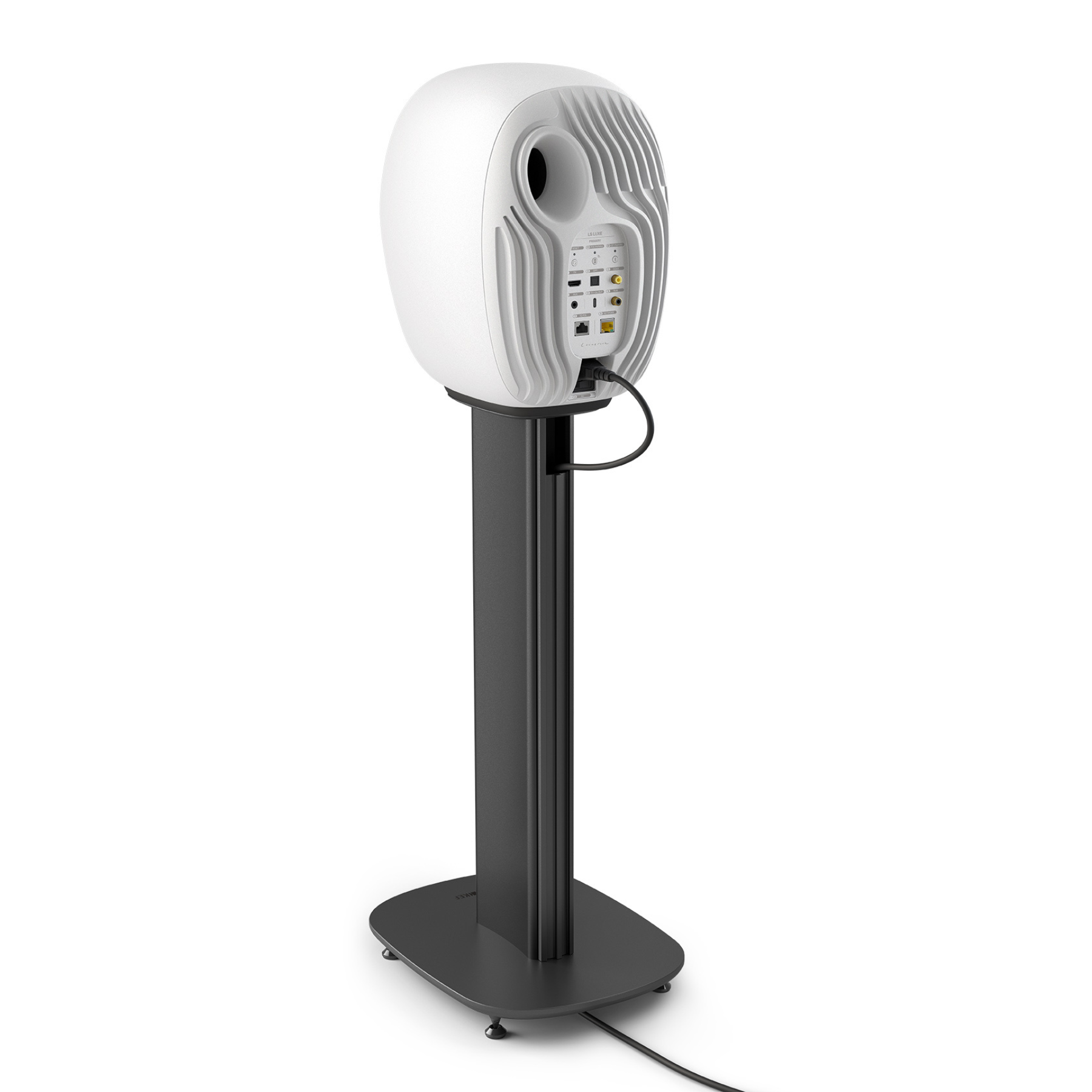 A white speaker on a matching black stand, shown against a plain white background.