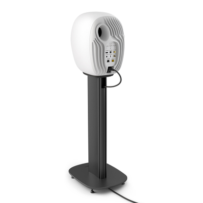 A white speaker on a matching black stand, shown against a plain white background.
