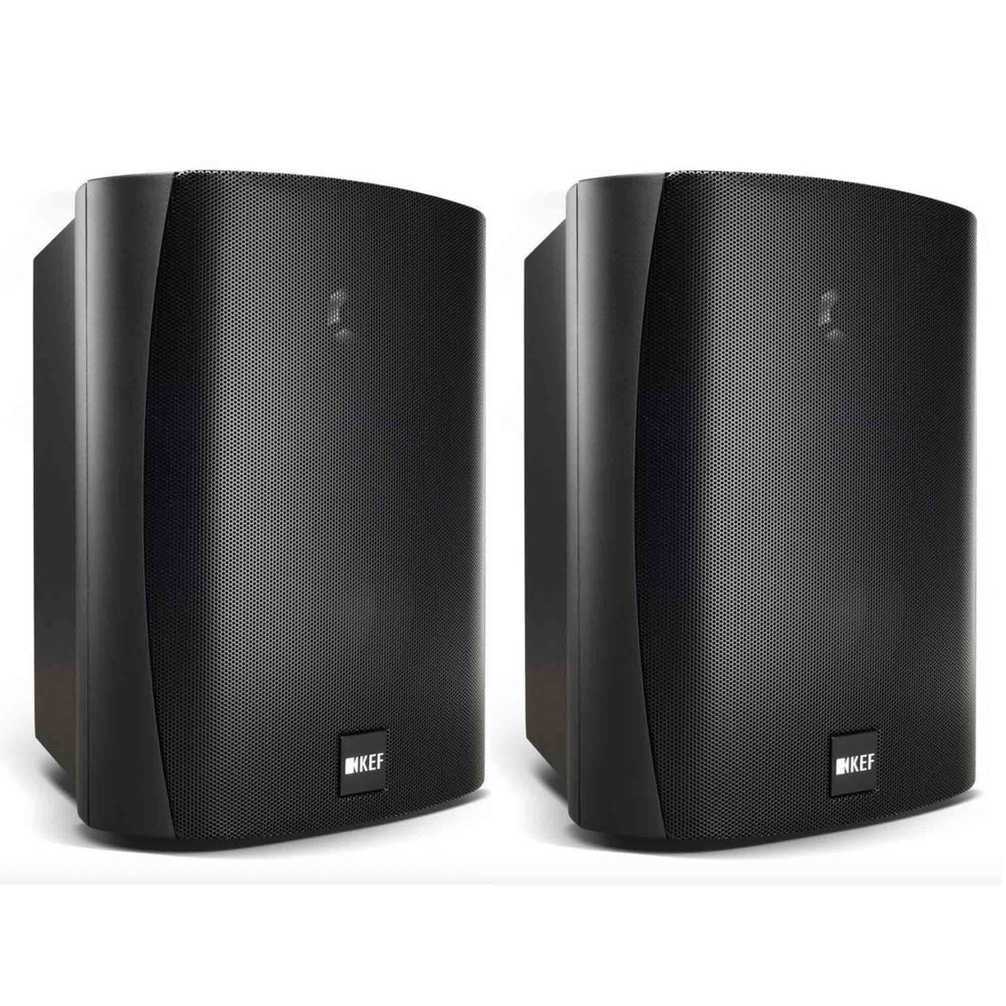 Two black KEF speakers on a white background