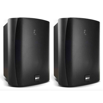 Two black KEF speakers on a white background