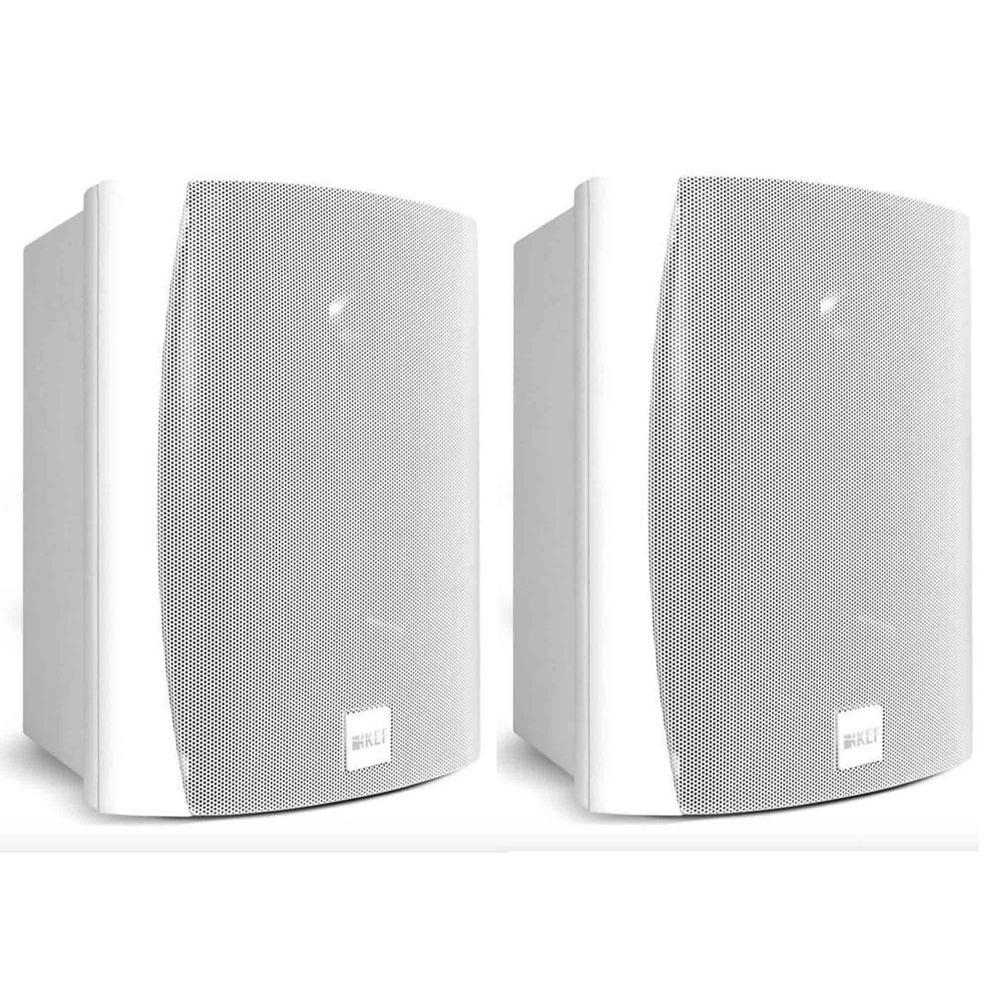 Pair of white Kef speakers on a white background