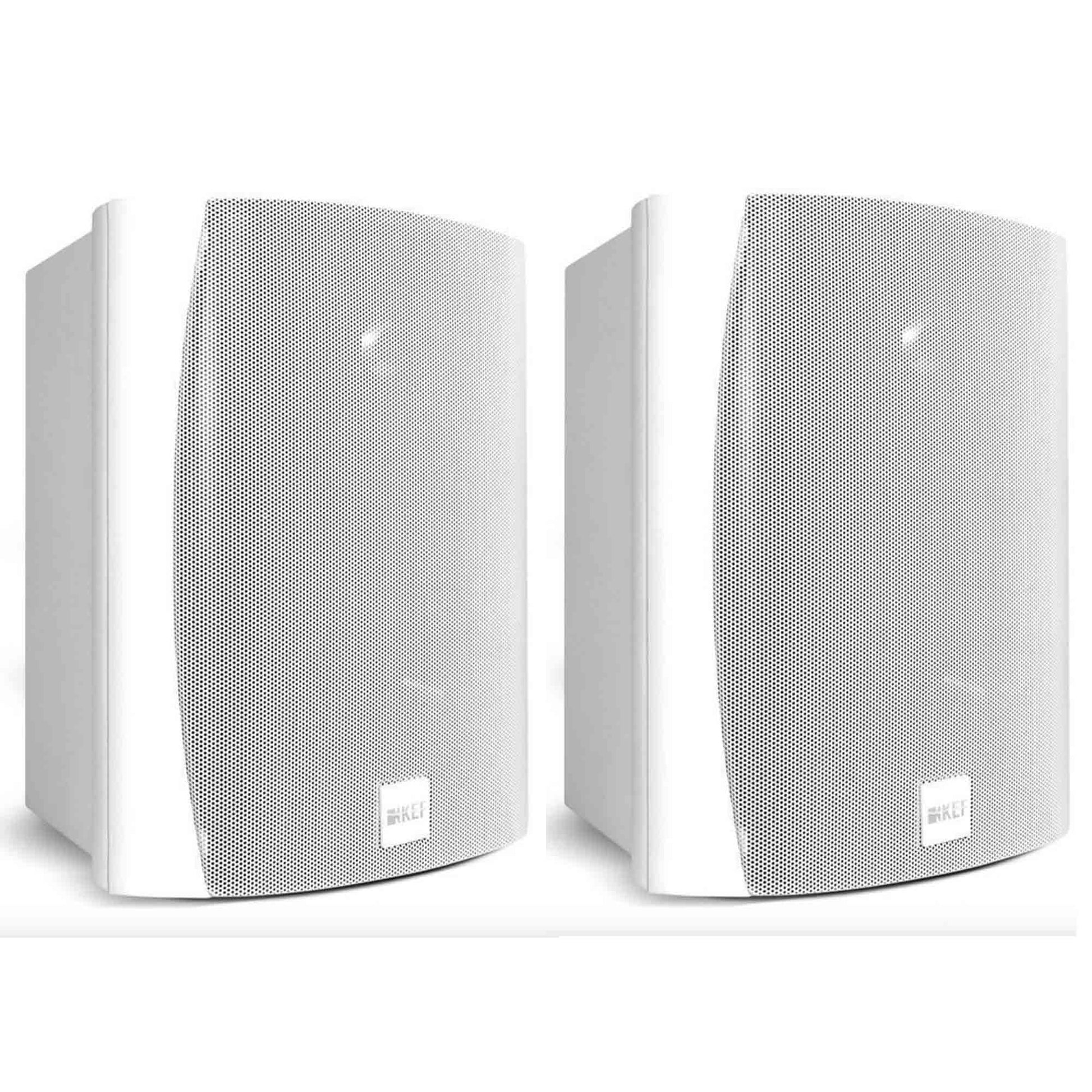 Pair of white Kef speakers on a white background