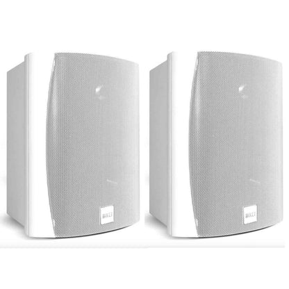 Pair of white Kef speakers on a white background