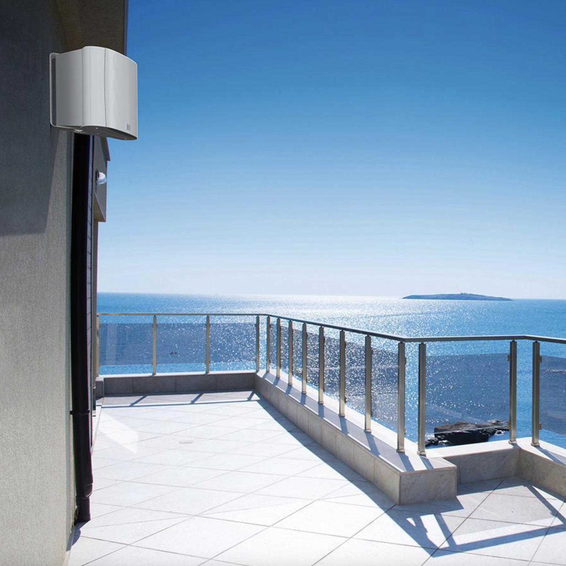 Balcony with ocean view and modern speaker on wall
