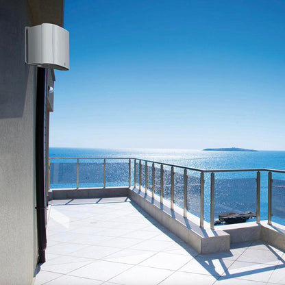 Balcony with ocean view and modern speaker on wall
