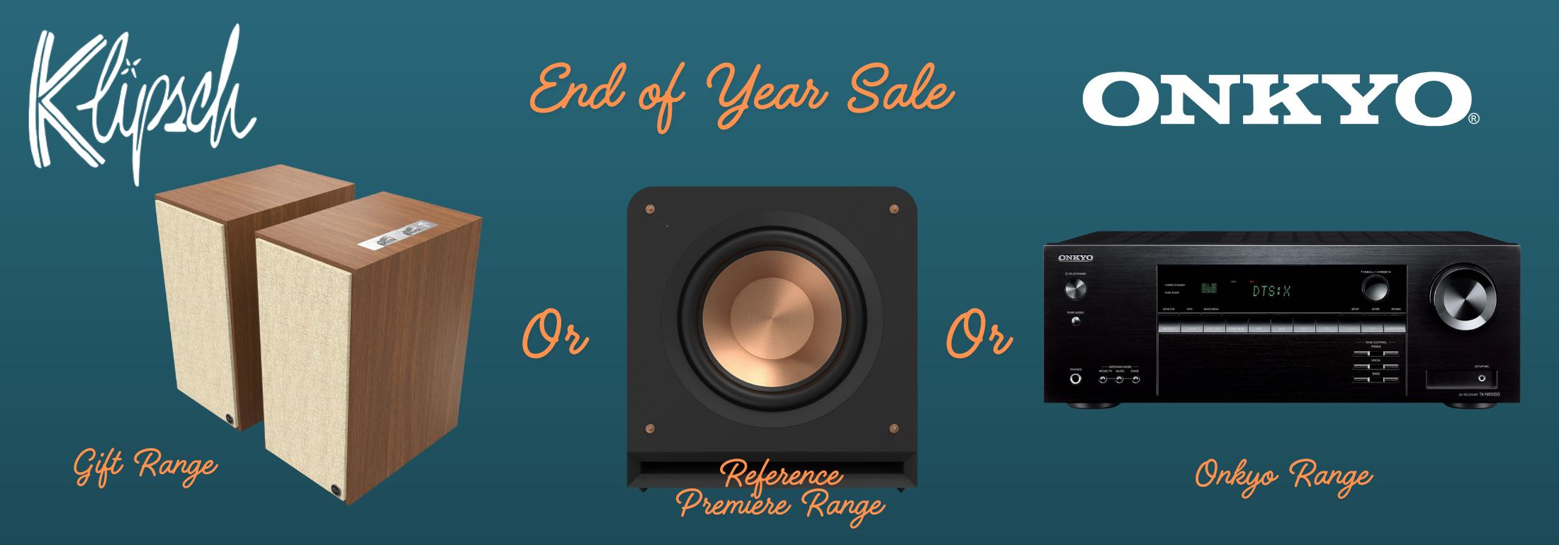 Advertisement for Klipsch, Onkyo, and other audio equipment with text on a blue background.