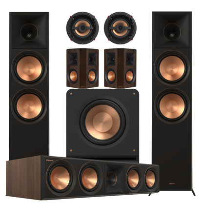 Klipsch speaker system with multiple speakers on a white background