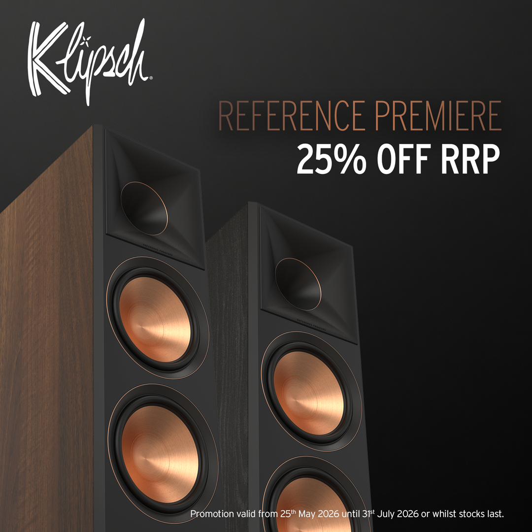 Klipsch Reference Premiere speaker with promotional text on a black background