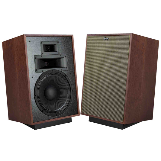 Pair of wooden speakers with a white background