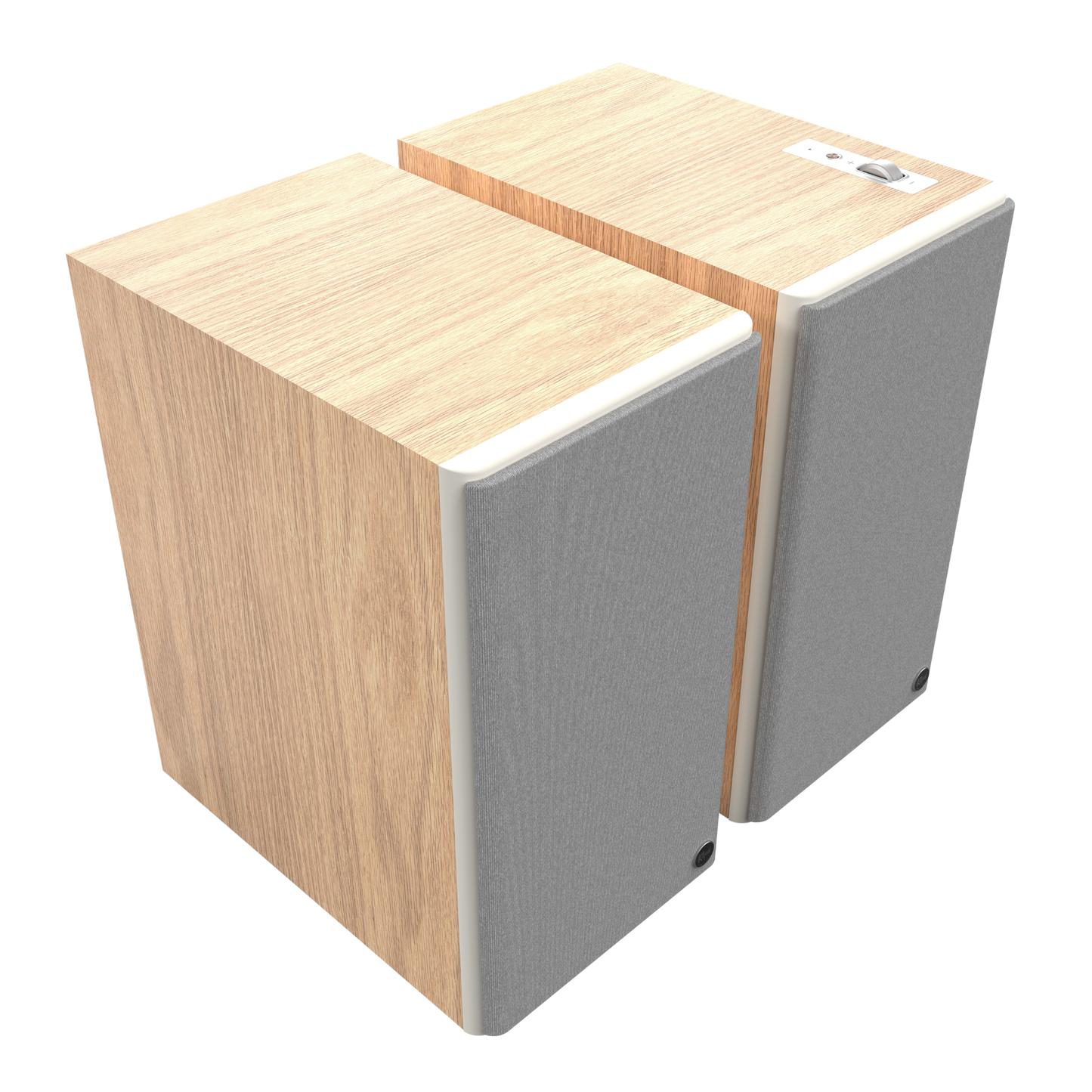 Front angle of Klipsch The Nines II Powered Speakers in red oak