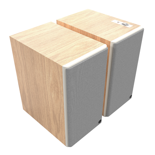 Front angle of Klipsch The Nines II Powered Speakers in red oak