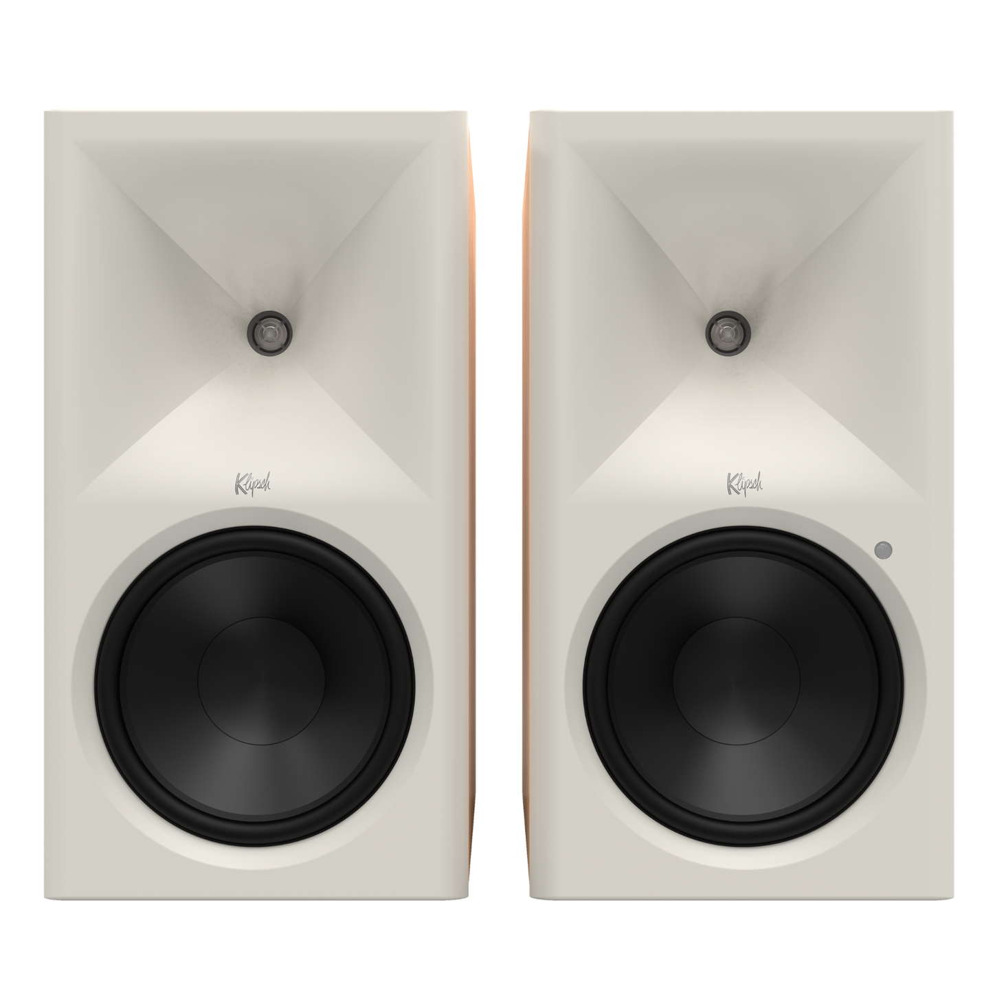 Pair of Klipsch The Nines II Powered Speakers in red oak on white background
