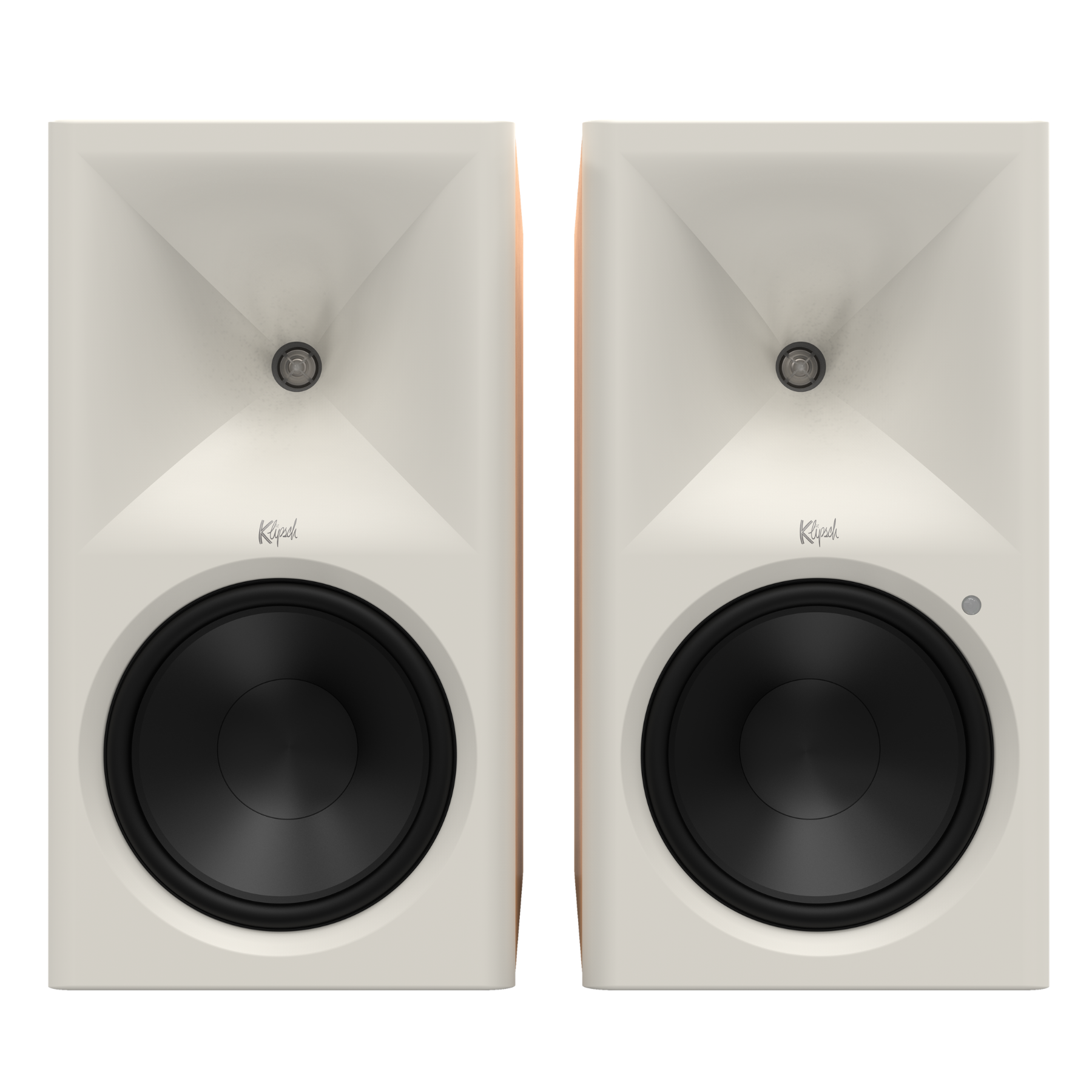Pair of Klipsch The Nines II Powered Speakers in red oak on white background