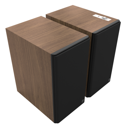 Front angle of Klipsch The Nines II Powered Speakers in walnut