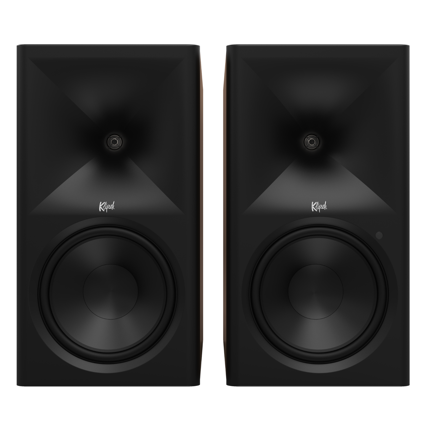 Front view of Klipsch The Nines II Powered Speakers in walnut