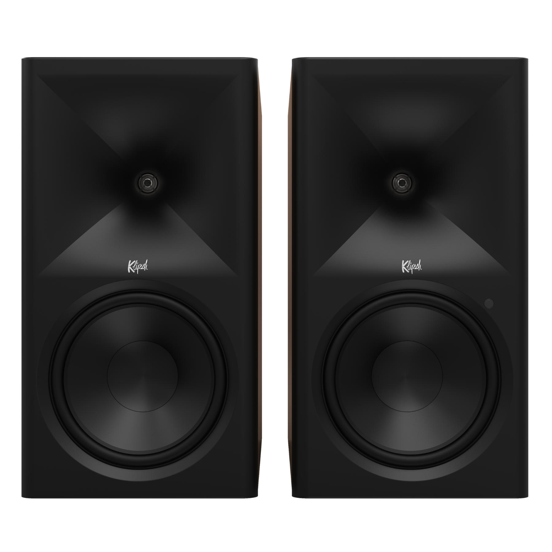 Front view of Klipsch The Nines II Powered Speakers in walnut