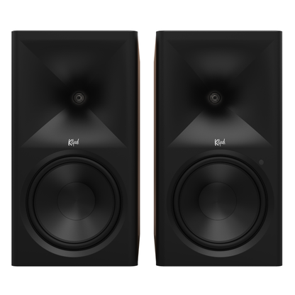 Front view of Klipsch The Nines II Powered Speakers in walnut