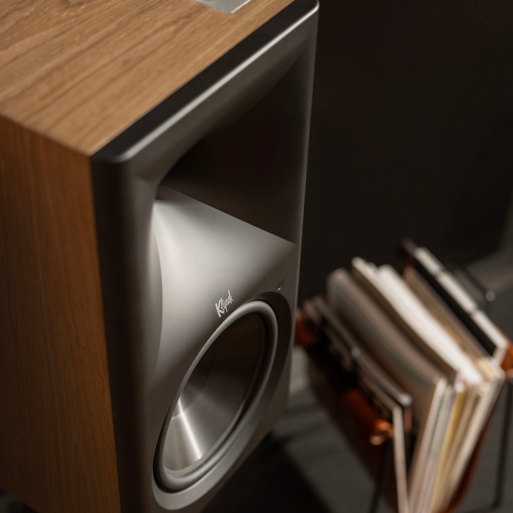 Wooden speaker on a dark background