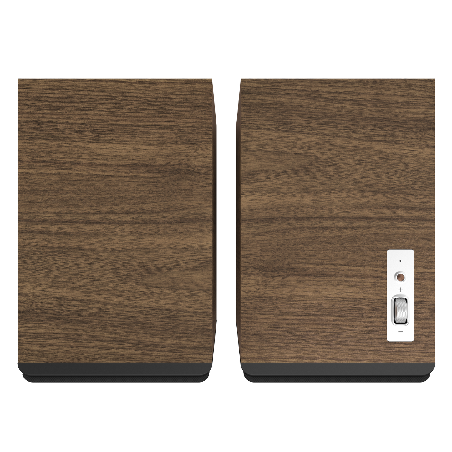 Top view of Klipsch The Nines II Powered Speakers in walnut with control dials