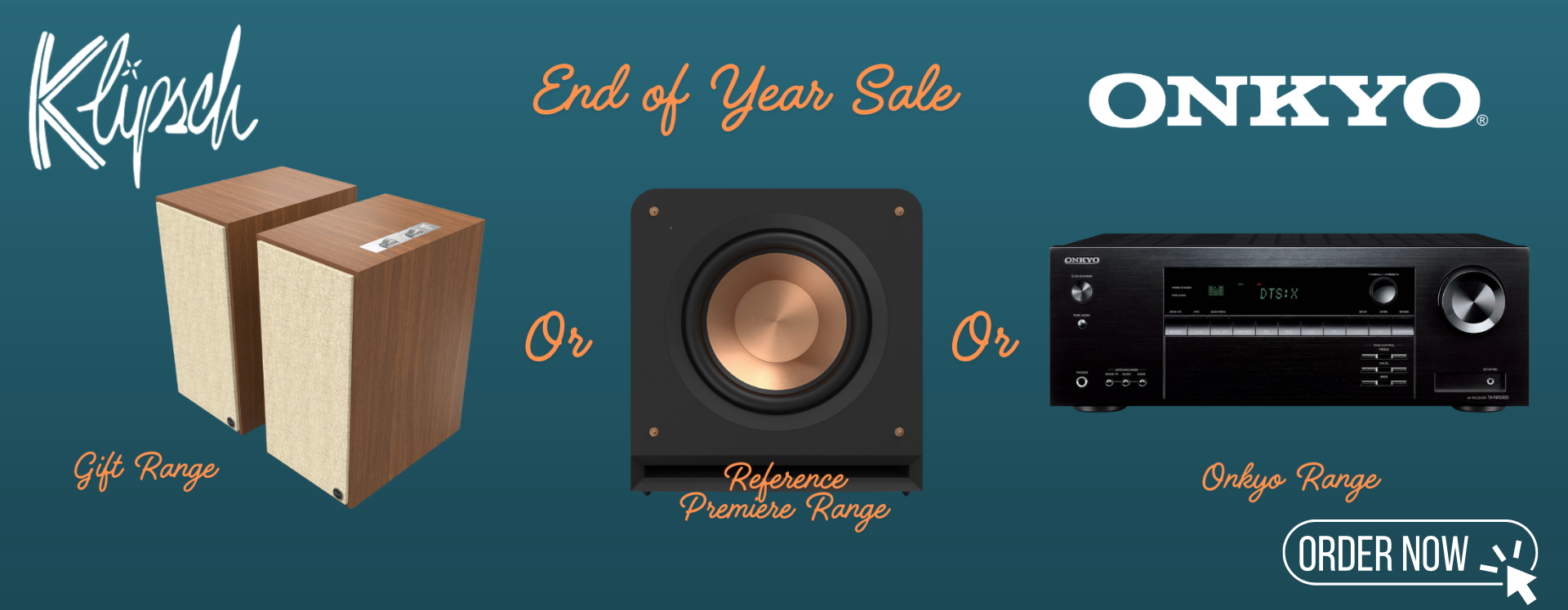 klipsch onkyo sale banner with speakers, subwoofer and receiver.