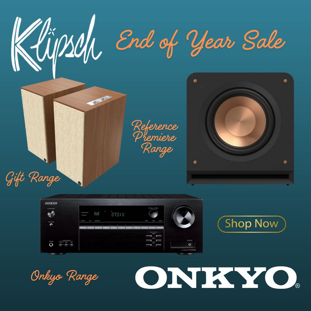 Advertisement for Klipsch and Onkyo audio equipment with promotional text on a blue background.