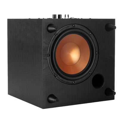 Bottom view of Klipsch R-8SW Subwoofer on white background